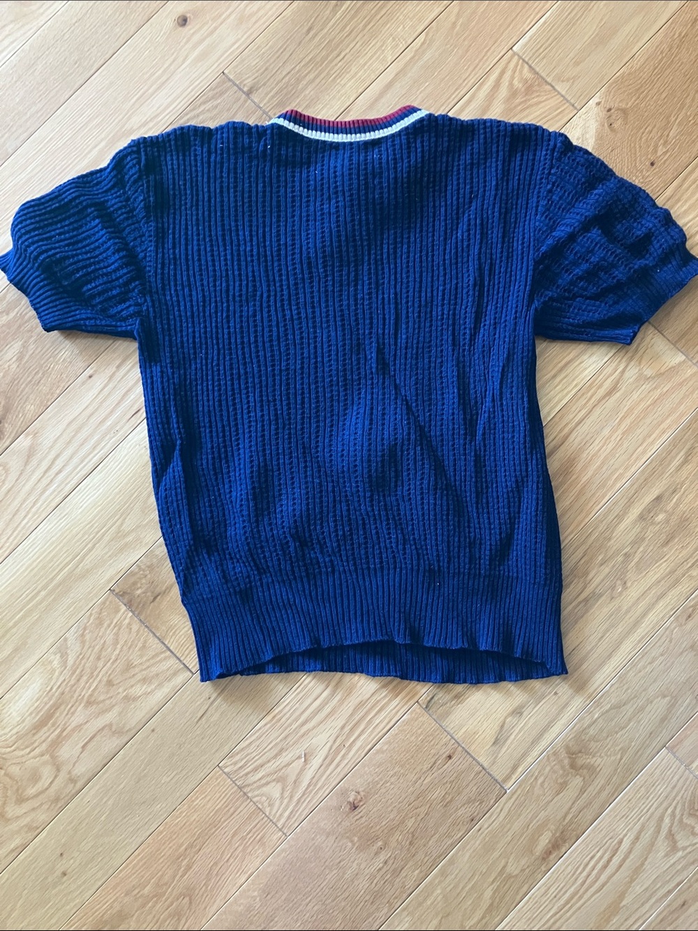 Men's Navy Crewneck Short-Sleeve Sweater with Contrast Trim - Picture 5 of 5